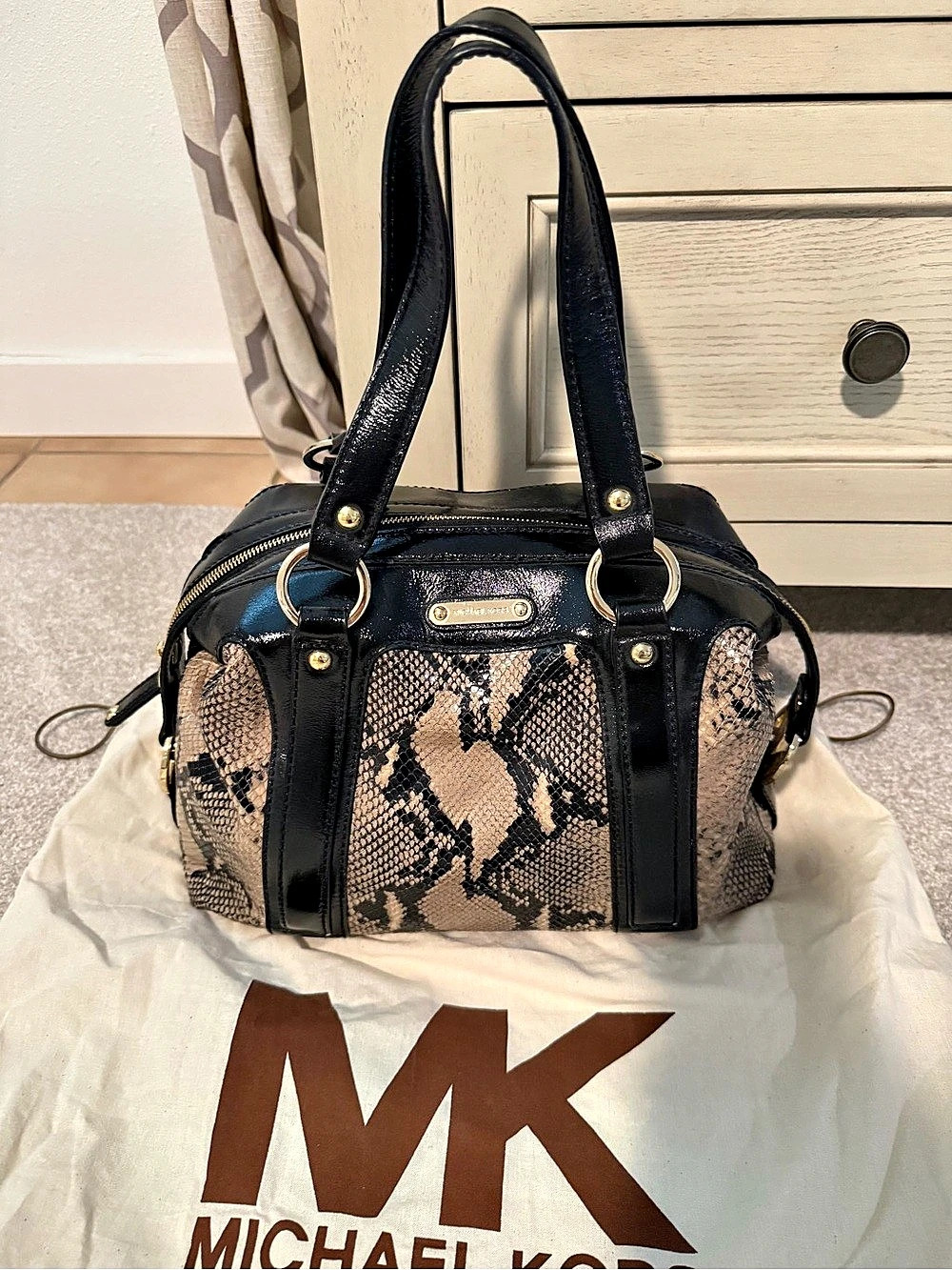 NWOT Michael Kors Snake Print Satchel in Black & Tan